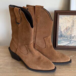 New! Bianco Camel Mona Suede Leather Cowboy Boots 38